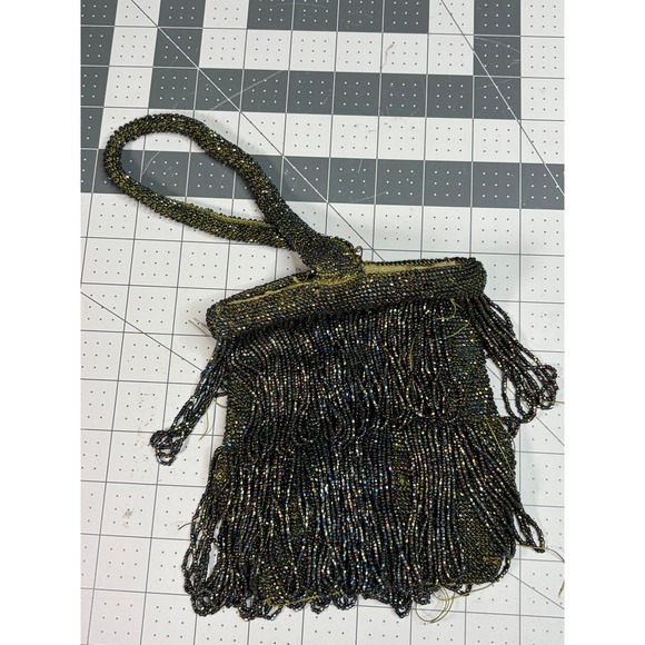 Handbags - Antique 1920s Iridescent Beaded Fringe Purse Flapper Art Deco Wristlet Seed Bead